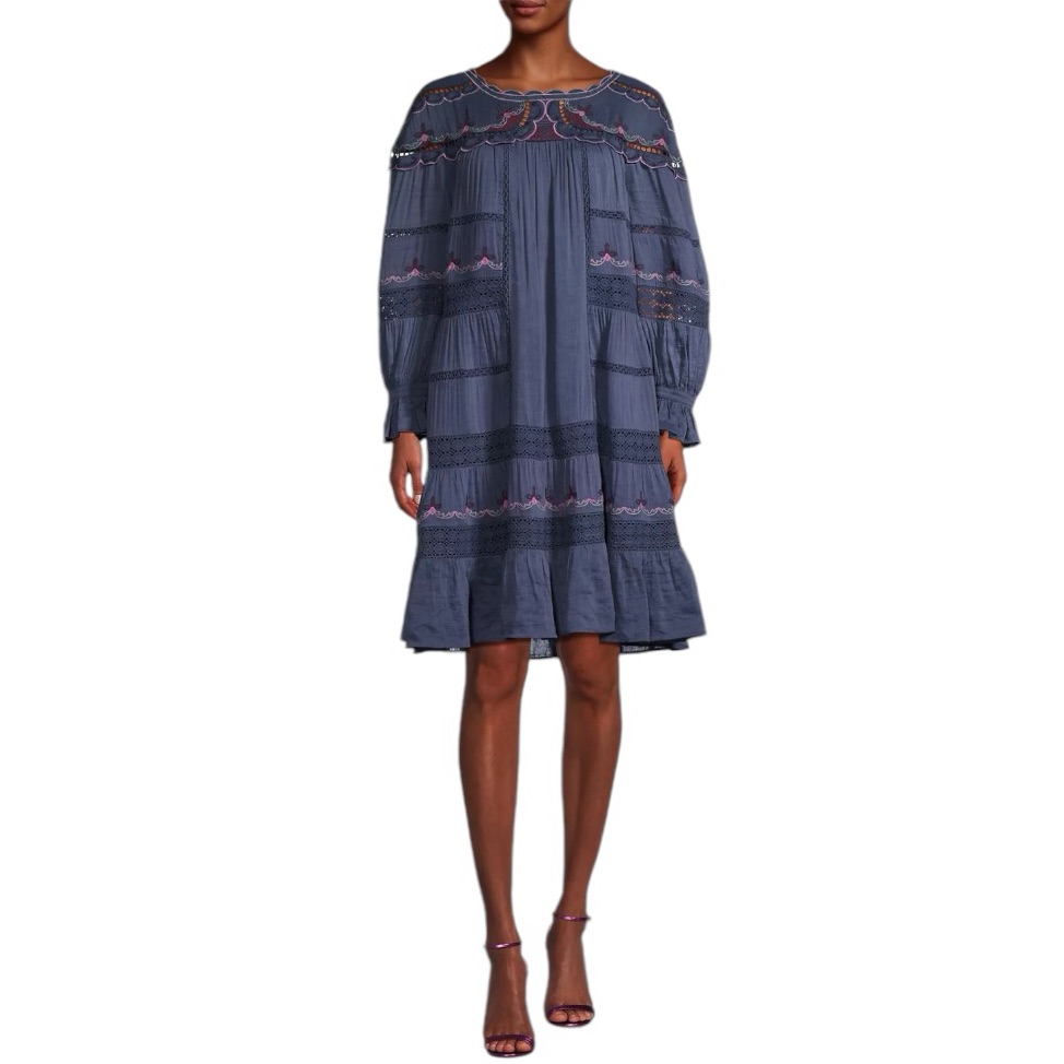 Johnny Was Reina Embroidered Long-Sleeve Mini Dress Blue Size S